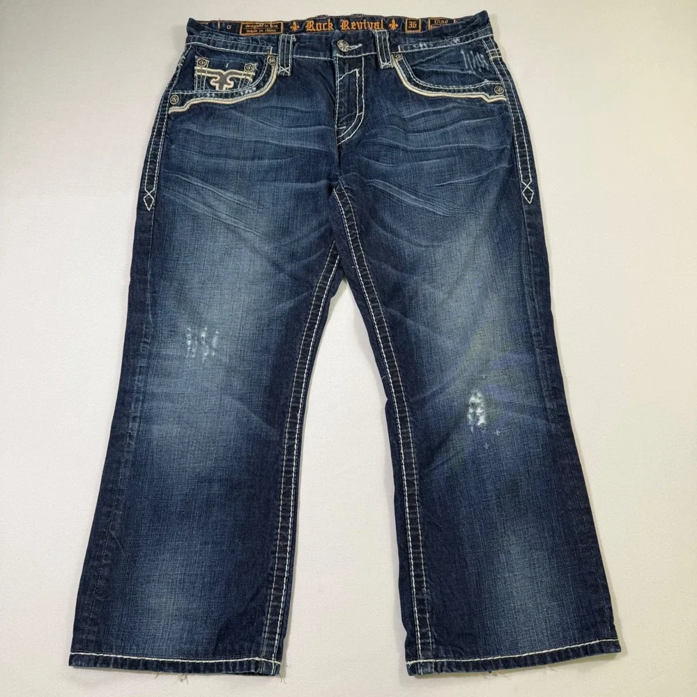 Rock Revival Jeans Mens 36 (Fits 37x28) Blue Dino Relaxed Straight Distressed